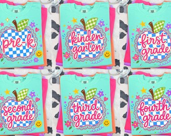 May include: A collection of six turquoise t-shirts, each featuring a large apple design with grade level text: Pre-K, Kindergarten, First Grade, Second Grade, Third Grade, and Fourth Grade. The apple design includes a checkered pattern and floral accents.