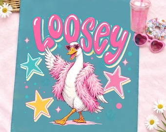 May include: A teal graphic art print featuring a goose wearing heart-shaped sunglasses and a pink feathered boa. The word "Loosey" is written in pink bubble letters. Stars and other decorative elements surround the goose.