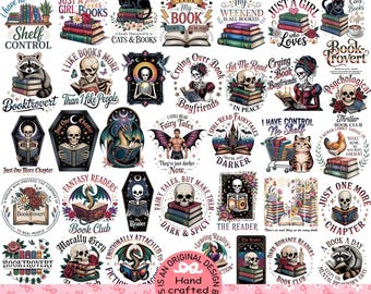 May include: A collection of over 100 PNG images featuring book-themed designs. The images include skulls, cats, dragons, and various book-related quotes. The color palette includes pink, black, and white, with floral and gothic elements. The text "FUNNY BOOK BUNDLE" is at the top.