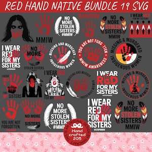 Puede incluir: Un conjunto de diseños gráficos en rojo y negro con huellas de manos, plumas y siluetas de mujeres indígenas. El texto incluye frases como "I Wear Red for My Sisters" y "No More Stolen Sisters".