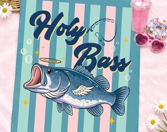 May include: A blue and pink striped art print with the words "Holy Bass" in navy blue script. The image features a cartoon bass fish with a halo and wings. The print has a vintage, retro style.