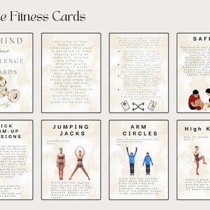 Könnte beinhalten: Ein Satz von acht illustrierten Karten mit Anweisungen für Fitnessübungen zu Hause. Die Karten zeigen eine Vielzahl von Übungen, darunter Jumping Jacks, Armkreisen und High Knees. Die Karten enthalten auch eine Sicherheitshinweis und eine Willkommensnachricht.