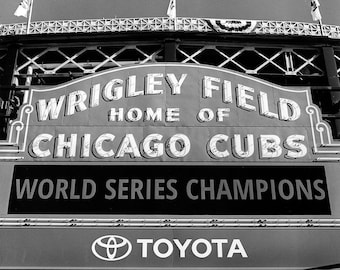 Wrigley Field sign in Chicago: Black and White Photo