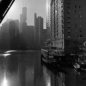 Chicago Skyline from Kinzie Street Bridge: Black and White Photo image 1