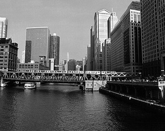 Chicago Skyline from Orleans Street Bridge: Black and White Photo