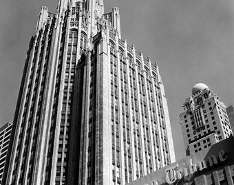 Chicago Tribune Tower with Sign: Black and White Photo