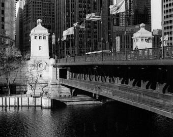 Michigan Avenue Bridge on the Chicago River: Black and White Photo