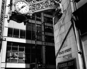 Marshall Field sign and Clock in Chicago: Black and White Photo