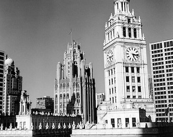 Chicago, Wrigley Building and Tribune Tower from the Trump Tower: Black and White Photo