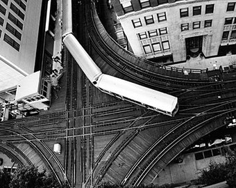 Chicago 'L' Train at Lake and Wells from Above: Black and White Photo