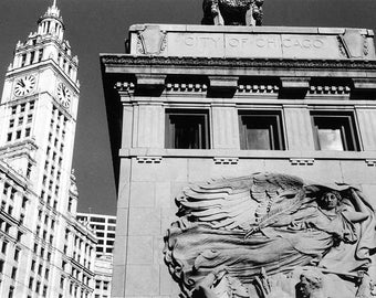 Matted Michigan Avenue Bridge Tower and Wrigley Building: Black and White Photo