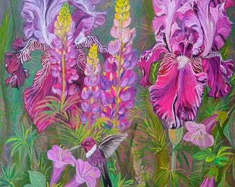 Ethereal Purple Floral Painting: Iris, Lupins, Hummingbird Garden Art