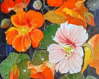 Lebendige Kapuzinerkresse Malerei – Botanische Kunst