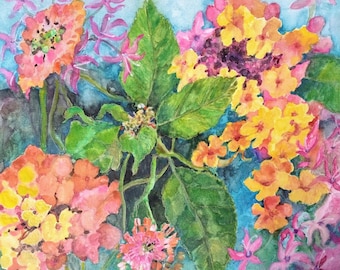 Multicoloured Hydrangeas Watercolor Painting, Blue Sky Garden Art