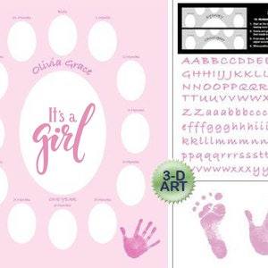 HAND & FUß PRINT - Baby Fotomatte - Rosa - Erstjahrscollage - Bilderrahmen fürs erste Jahr