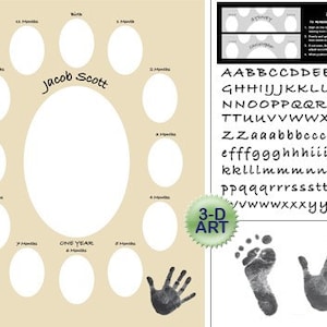 May include: A beige printable chart with a circle in the center and 12 smaller circles around it. The circles are labeled with months of the year. The chart is titled "Jacob Scott" and has the words "One Year" below the center circle. The chart is designed for handprints and footprints. There is a separate sheet with an alphabet and two hand and foot prints.