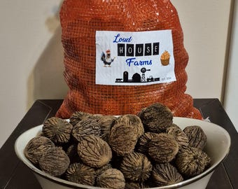 Peut inclure: Un grand sac en filet orange rempli de coquilles de noix noires. Le sac porte une étiquette blanche avec le texte "Loud House Farms Est. 2004". Les noix sont dans un bol blanc à motif floral.