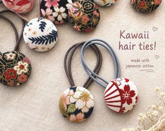 New! Set of 2 Kawaii Japanese Fabric Hair Ties | Handmade Cute Ponytail Holders | Soft Girl Hair Accessories | Cottagecore Gift D06