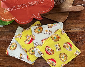 Set of Four Mini Coasters/ Japanese Fabric/ Kawaii Gift/foodie gift idea/Cat Lover/ Cup noodles/ Ramen lovers/ absorb drips MH#03