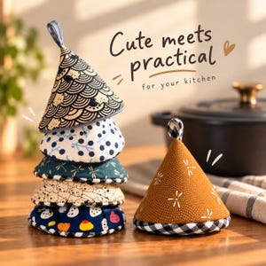 Set of 2 Handmade Japanese Fabric Cone Pot Holders, Kawaii Kitchen Accessories, Foodie gift idea, Cat lover, Housewarming Gift CS#01