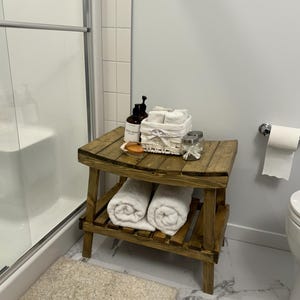 Wooden shower bench, shower stool, shower bench with shelf, Bathroom wood shower bench stool