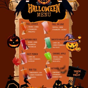 Può includere: Un menu di Halloween con varie opzioni di bevande. Il menu presenta bevande come "Fall Leaves" e "Boo Tea", con gli ingredienti elencati sotto ogni nome di bevanda. Il menu è decorato con zucche, corvi e un cartello "Trick or Treat".