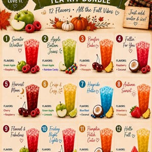 May include: A Fall Y'all Tea Kit Bundle advertisement featuring 12 numbered iced tea drinks with various fruit garnishes and flavor combinations. The graphic includes autumn leaves, pumpkins, and the Tolitos Loaded Teas logo at the bottom.