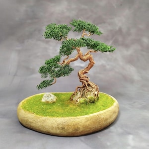 Handmade Copper Wire Bonsai Tree with Green Leaves – Zen Home Decor – Unique Gift – Wood Base Sculpture – Mini Tree Art