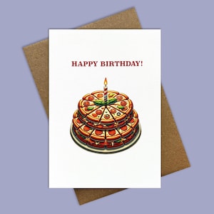 Carte de joyeux anniversaire pizza. Gâteau d'anniversaire pizza. Carte d'anniversaire drôle.