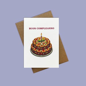 Feliz aniversário em italiano, cartão de aniversário italiano, Buon Compleanno, bolo de aniversário de pizza italiana, cartão de aniversário engraçado.
