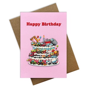 Carte de joyeux anniversaire Véhicules, voitures, tracteurs, camions. Carte de joyeux anniversaire rose pour enfants, filles et garçons. Gâteau d'anniversaire avec des voitures.