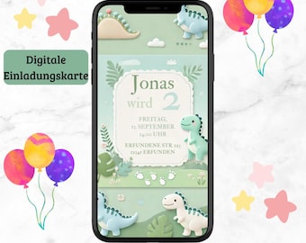 Personalisierte Dinosaurier-Einladung zum Kindergeburtstag, Digitale Foto-Einladungskarte, e-Card Dino-Motiv für WhatsApp, Canva-Vorlage