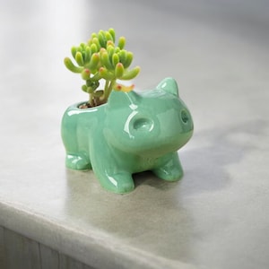 Puede incluir: Una maceta de cerámica verde con forma de personaje de dibujos animados, con una pequeña planta suculenta creciendo en su interior.