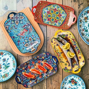 Bohemian Ceramic Serving Tray, Rectangular Dish with Handle, Microwave Oven Safe, Boho Table Decor