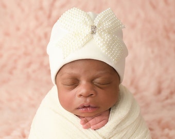 Newborn Hats for Girl, Ivory Hospital Hat, Baby Hospital Hat, Preemie Baby Hat, Newborn Hat with Flower, Newborn Photo Prop, Baby Cotton Hat