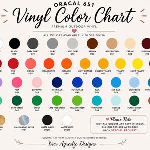 K&ouml;nnte beinhalten: Eine Oracal 651 Vinyl-Farbkarte mit einer gro&szlig;en Auswahl an kreisf&ouml;rmigen Farbmustern mit den entsprechenden Namen und Nummern. Die Karte enth&auml;lt verschiedene Rot-, Blau-, Gr&uuml;n-, Gelb- und Neutralt&ouml;ne sowie einen Hinweis zur Verf&uuml;gbarkeit.