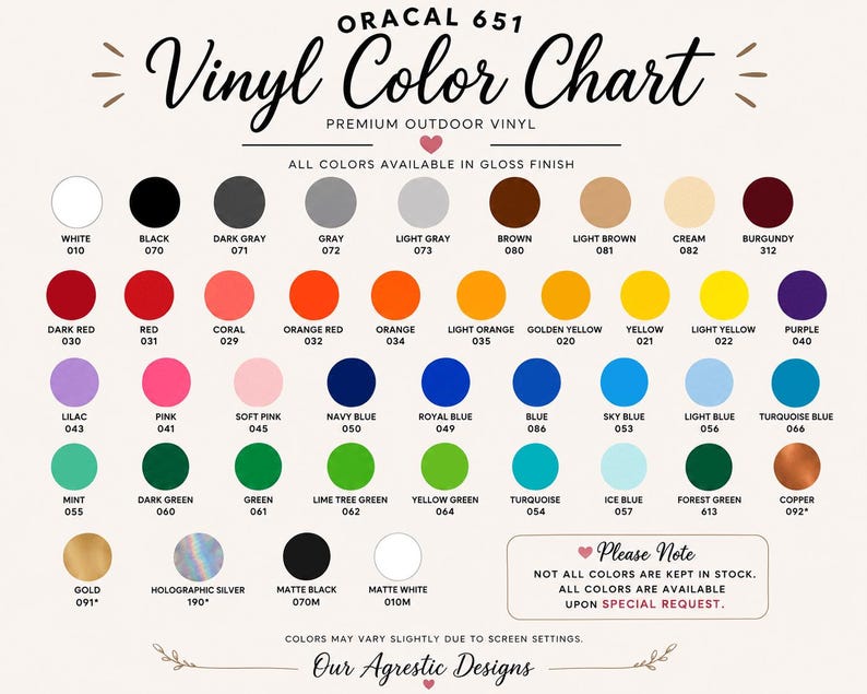 K&ouml;nnte beinhalten: Eine Oracal 651 Vinyl-Farbkarte mit einer gro&szlig;en Auswahl an kreisf&ouml;rmigen Farbmustern mit den entsprechenden Namen und Nummern. Die Karte enth&auml;lt verschiedene Rot-, Blau-, Gr&uuml;n-, Gelb- und Neutralt&ouml;ne sowie einen Hinweis zur Verf&uuml;gbarkeit.