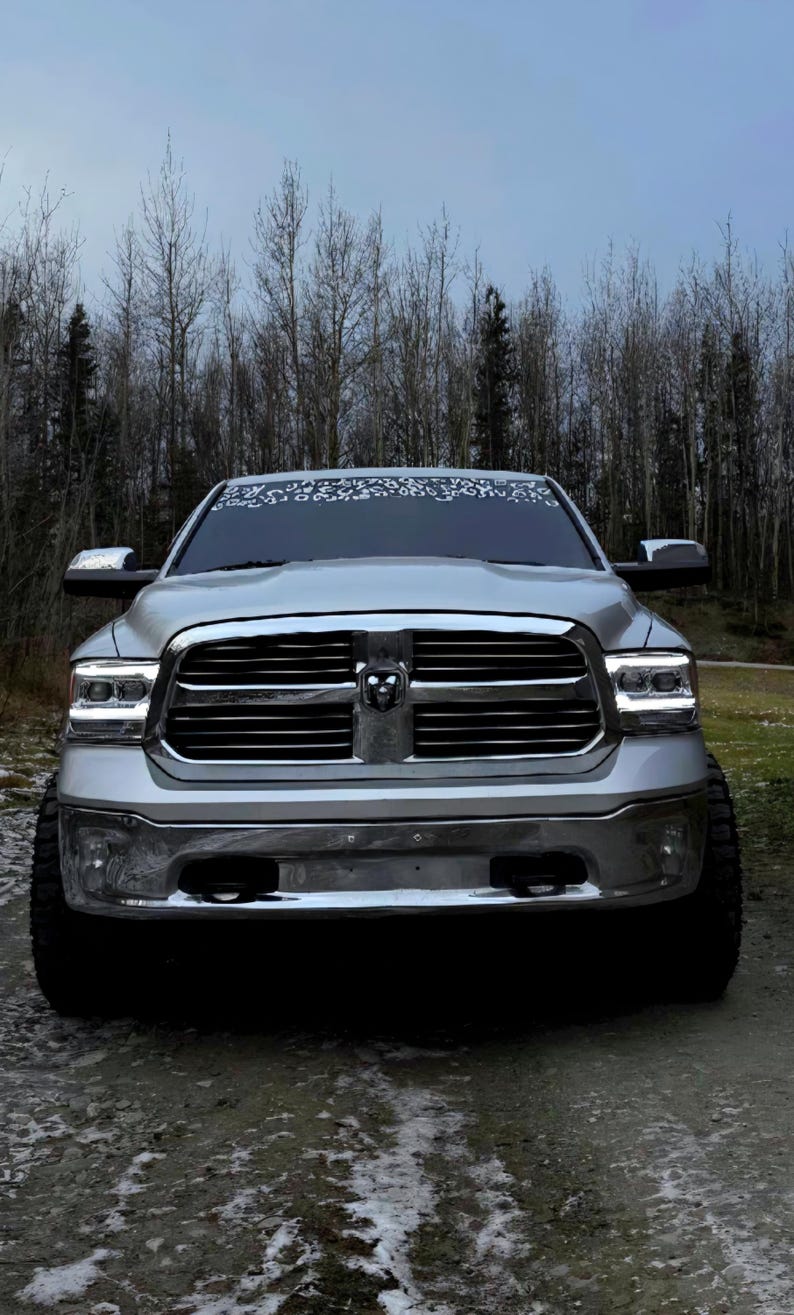 K&ouml;nnte beinhalten: Ein silberner Pickup-Truck mit einem markanten Chromk&uuml;hlergrill und zentralem Widder-Emblem, rechteckigen Scheinwerfern mit integrierten LED-Streifen und einem Windschutzscheibenaufkleber mit wei&szlig;em Leopardenmuster am oberen Rand.
