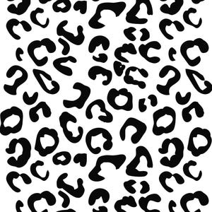 K&ouml;nnte beinhalten: Ein sich wiederholendes Muster aus schwarzen Leopardenflecken auf einem einfarbigen wei&szlig;en Hintergrund. Das Design besteht aus verschiedenen unregelm&auml;&szlig;igen, offenen Formen und geschwungenen Linien, die die nat&uuml;rlichen Zeichnungen eines Leoparden nachahmen.