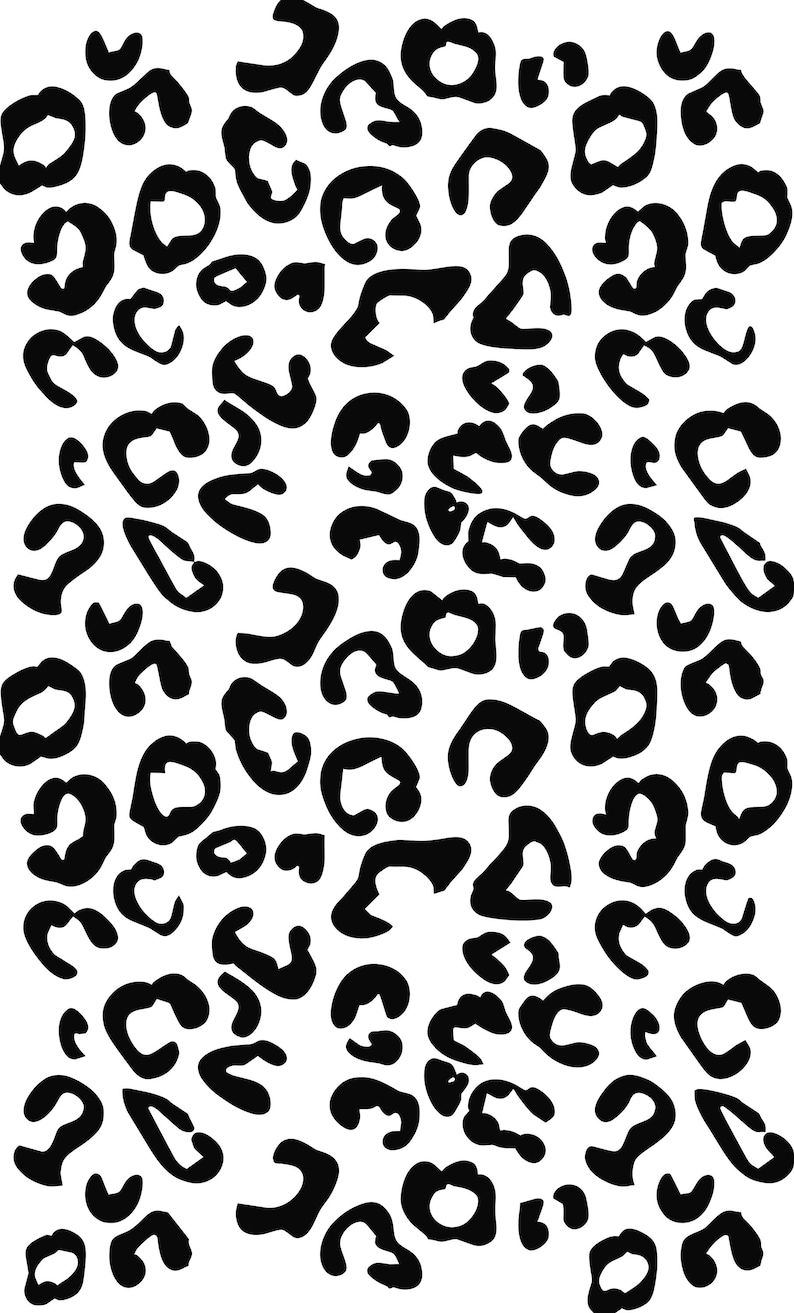 K&ouml;nnte beinhalten: Ein sich wiederholendes Muster aus schwarzen Leopardenflecken auf einem einfarbigen wei&szlig;en Hintergrund. Das Design besteht aus verschiedenen unregelm&auml;&szlig;igen, offenen Formen und geschwungenen Linien, die die nat&uuml;rlichen Zeichnungen eines Leoparden nachahmen.