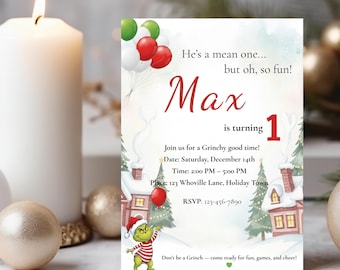 Grinch 1st Birthday Invitation: Editable Whoville Christmas Party (Digital Download)