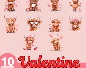 Highland Cow Valentine PNG Bundle | Cute Romantic Cow Clipart | 10 PNG Images | PLR Included