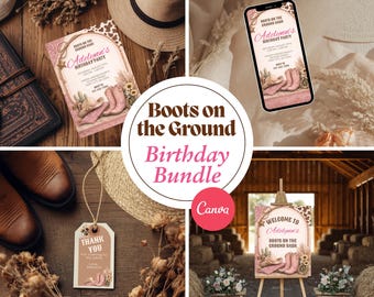 Paquete de plantillas de Canva "Boots on the Ground" para cumpleaños, conjunto de invitaciones para fiestas de vaqueras del oeste, invitación editable, derechos de reventa digitales, decoración de cumpleaños de rodeo.
