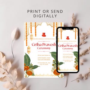 May include: A digital invitation for a Griha Pravesh Ceremony, a housewarming celebration in the Hindu tradition. The invitation features a white background with gold and orange accents, and a floral design. The text reads "You're cordially invited to the Griha Pravesh Ceremony of our new home on 23th March, 2030 8:00 AM onwards 123 Anywhere St., Any City, ST 12345".