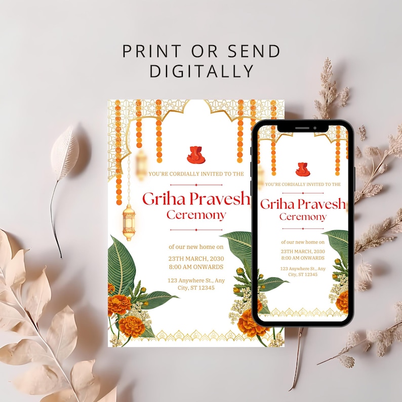 May include: A digital invitation for a Griha Pravesh Ceremony, a housewarming celebration in the Hindu tradition. The invitation features a white background with gold and orange accents, and a floral design. The text reads "You're cordially invited to the Griha Pravesh Ceremony of our new home on 23th March, 2030 8:00 AM onwards 123 Anywhere St., Any City, ST 12345".