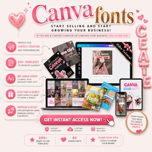Könnte beinhalten: Ein digitales Marketing-Paket für Canva-Schriftarten mit Textüberlagerungen wie Canva fonts, Start selling and start growing your business, 200+ templates, 40 Canva fonts und Get instant access now. Die Anzeige zeigt verschiedene digitale Bildschirme.