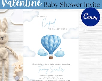 Editable Valentine Baby Shower Invitation, Blue Hot Air Balloon (Canva Template, Digital Download)