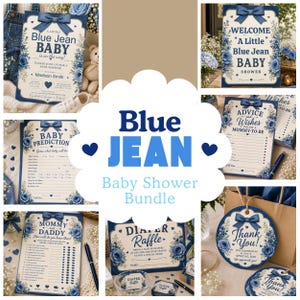 Paquete de artículos para baby shower con temática de mezclilla azul con derechos PLR, plantillas editables para invitaciones de baby shower con temática de mezclilla, conjunto de decoración para baby shower con temática vaquera.