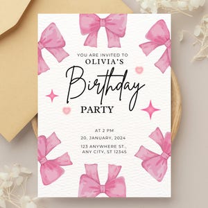 Invitación de cumpleaños con lazo rosa: Diseño de acuarela coqueta (Descarga digital)