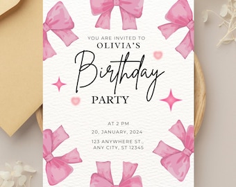 Pink Bow Birthday Invitation: Watercolor Coquette Design (Digital Download)